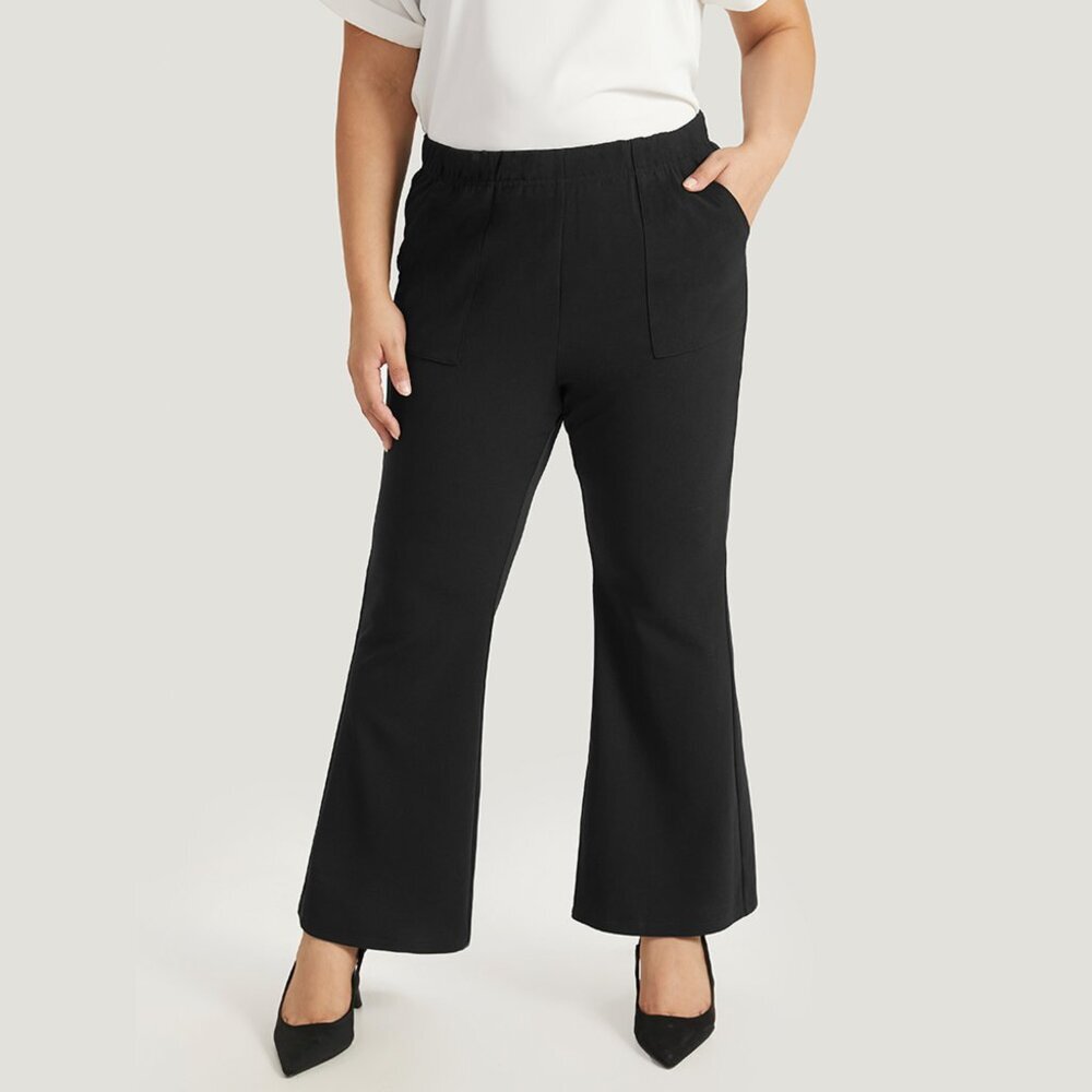 BloomChic Black Solid Pocket Flare Leg Elastic Waist Pants